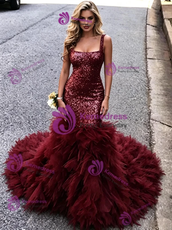 Burgundy Mermaid Tulle Sequins Straps Prom Dress
