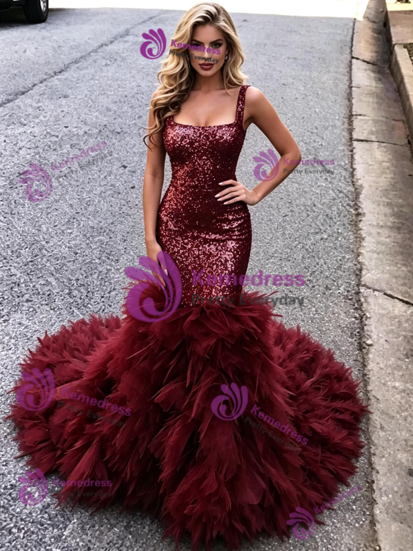 Burgundy Mermaid Tulle Sequins Straps Prom Dress