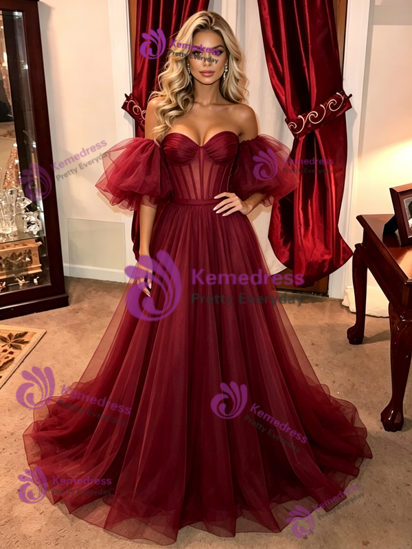 Burgundy Tulle Off the Shoulder Prom Dress