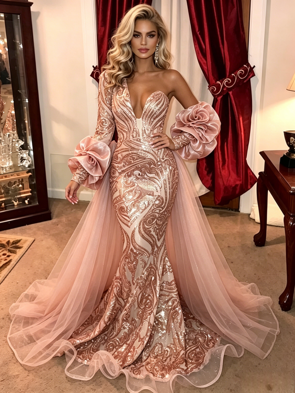 Pink Mermaid Tulle Sequins Long Sleeve Prom Dress