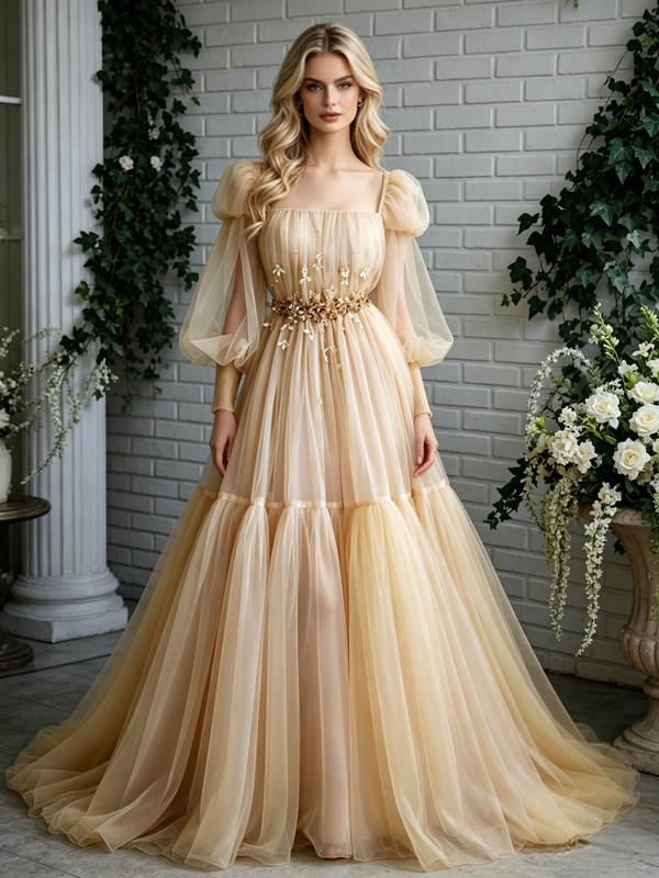Long Sleeve Tulle Pleats Beading Prom Dress