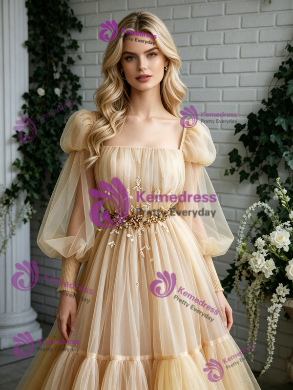 Long Sleeve Tulle Pleats Beading Prom Dress