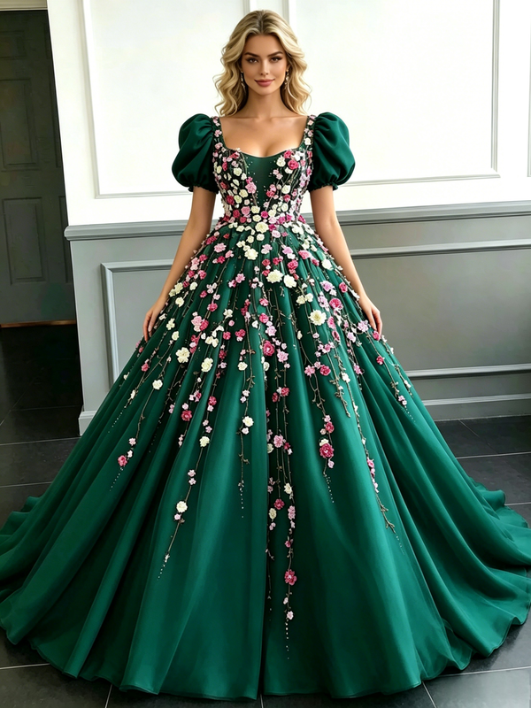 Green Tulle Puff Sleeve Appliques Prom Dress