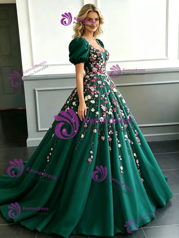 Green Tulle Puff Sleeve Appliques Prom Dress