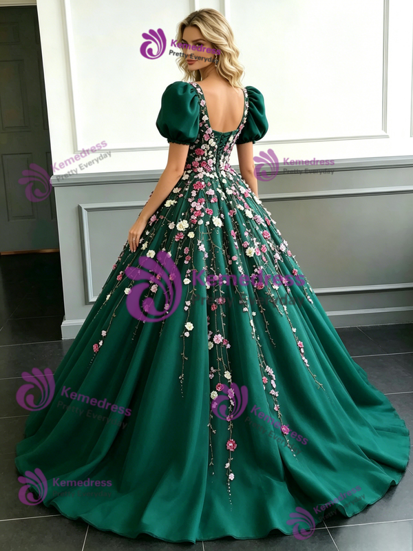 Green Tulle Puff Sleeve Appliques Prom Dress