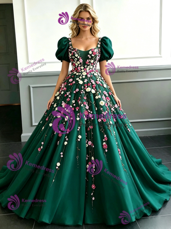 Green Tulle Puff Sleeve Appliques Prom Dress