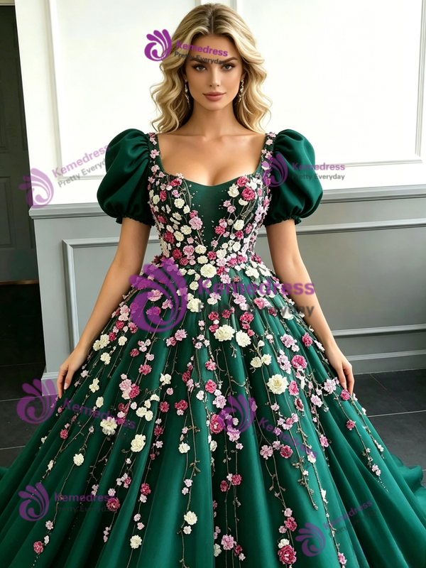 Green Tulle Puff Sleeve Appliques Prom Dress