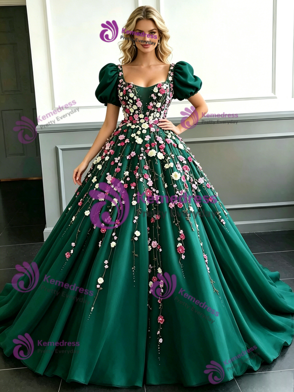 Green Tulle Puff Sleeve Appliques Prom Dress