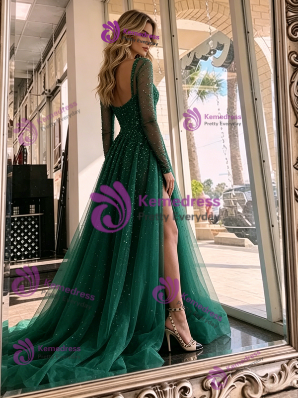 Green Tulle Long Sleeve Split Prom Dress