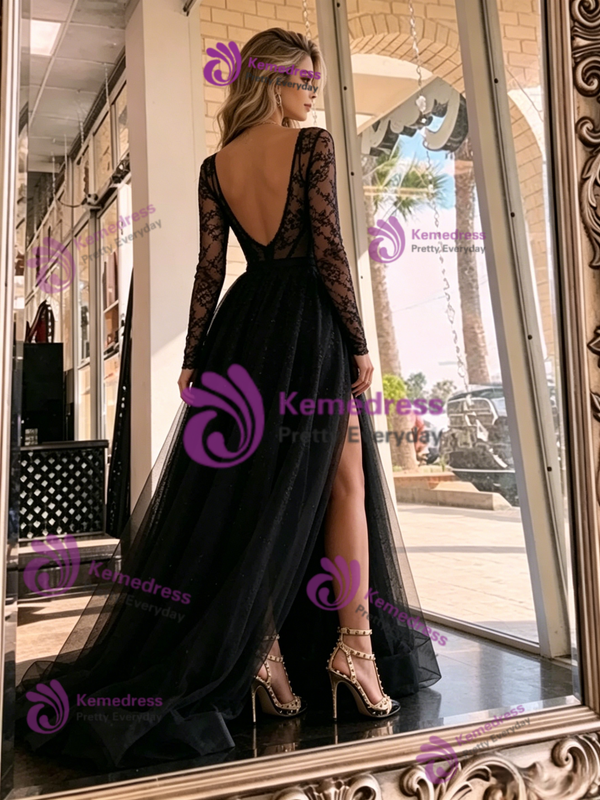 Black Tulle V-neck Long Sleeve Prom Dress