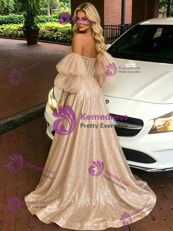 Gold Sequins Long Sleeve Split Prom Dress