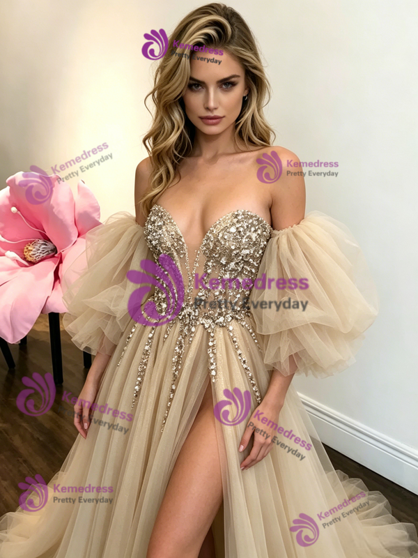 Champagne Tulle Off the Shoulder Sequins Prom Dress