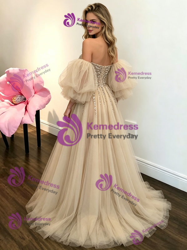Champagne Tulle Off the Shoulder Sequins Prom Dress