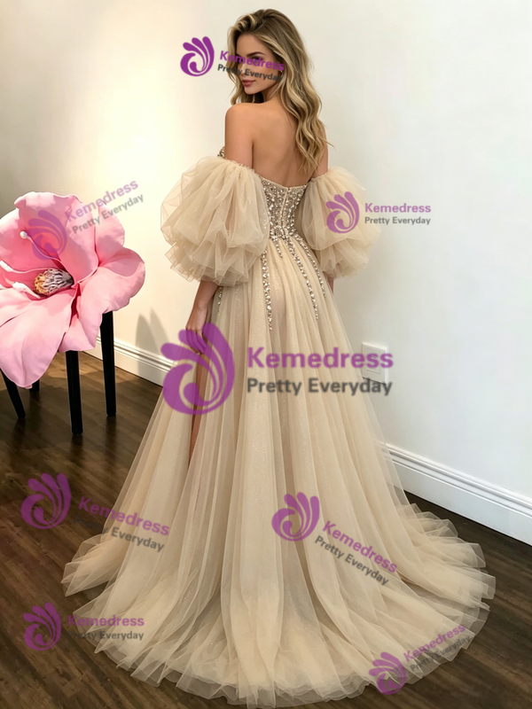 Champagne Tulle Off the Shoulder Sequins Prom Dress
