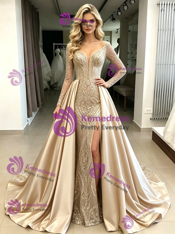 Champagne Satin Sequins Long Sleeve Prom Dress