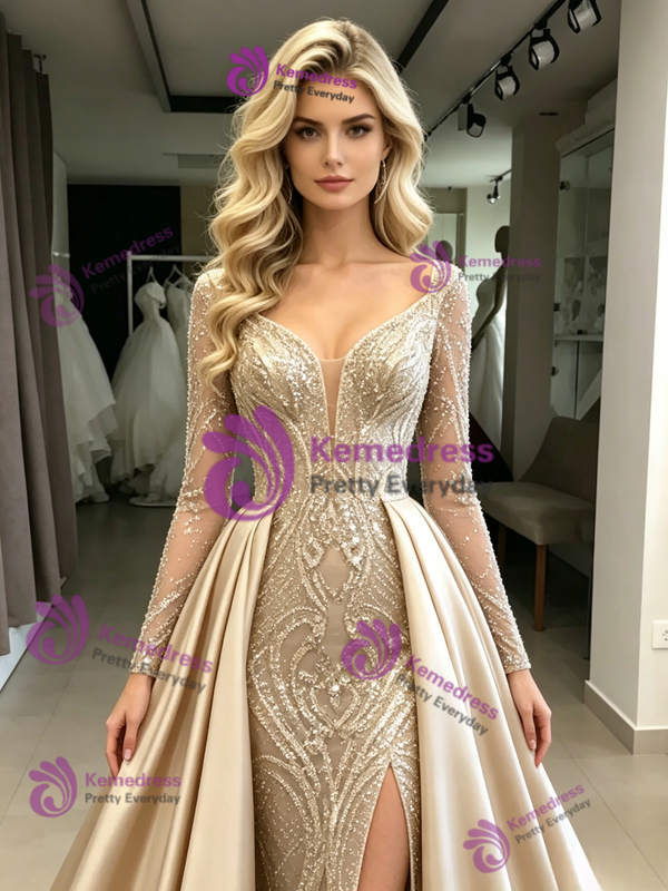Champagne Satin Sequins Long Sleeve Prom Dress
