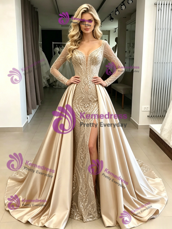 Champagne Satin Sequins Long Sleeve Prom Dress
