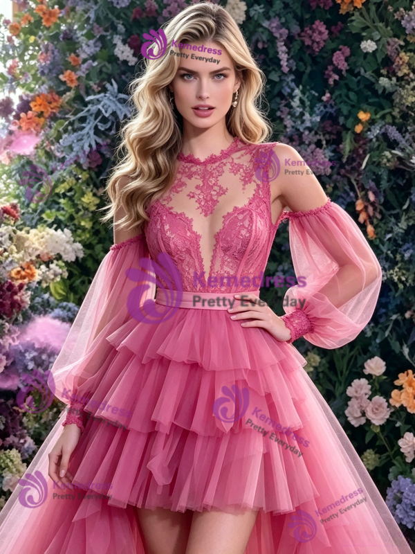 Fuchsia Tulle Long Sleeve Hi Lo Prom Dress