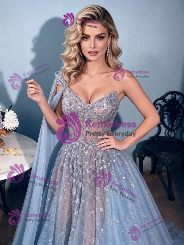 Blue Lace One Shoulder Prom Dress