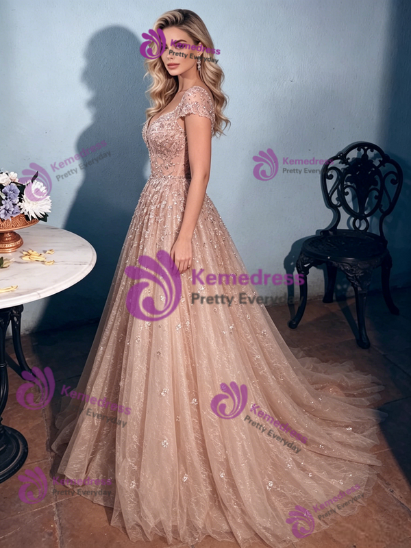 Champagne Lace V-neck Prom Dress