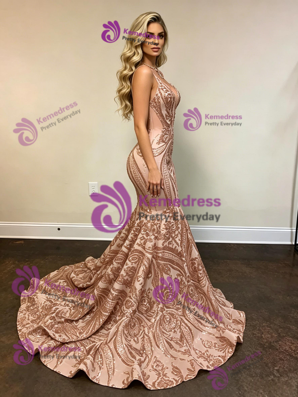 Champagne Mermaid Sequins Prom Dress
