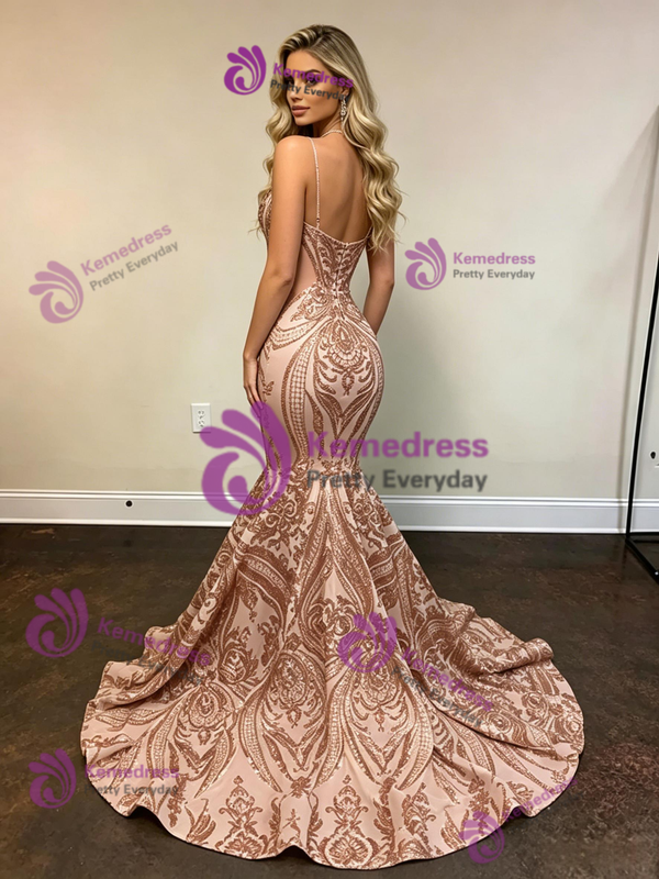 Champagne Mermaid Sequins Prom Dress