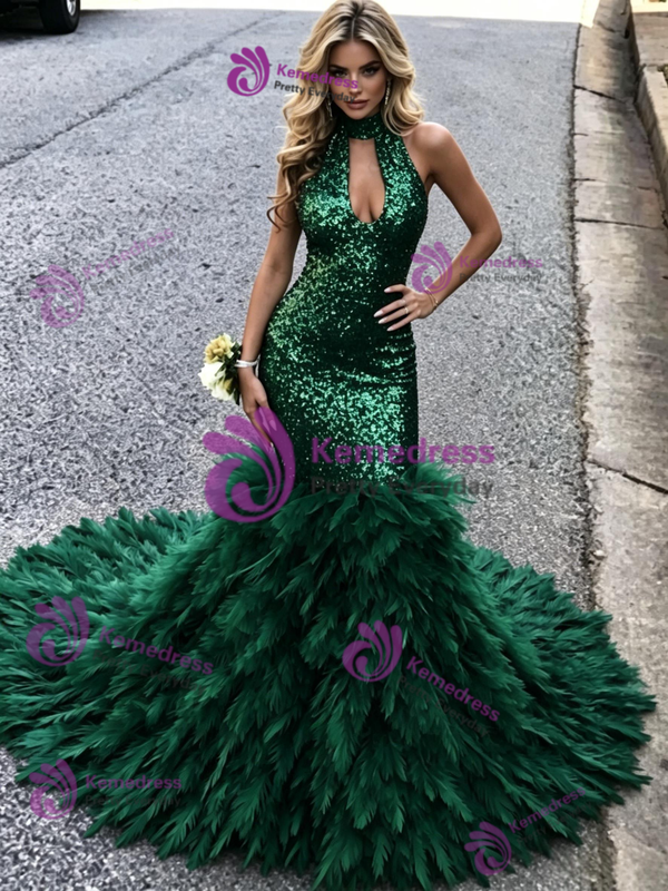 Green Mermaid Sequins Halter Prom Dress