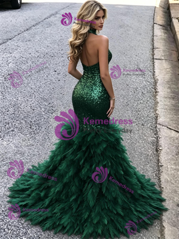 Green Mermaid Sequins Halter Prom Dress