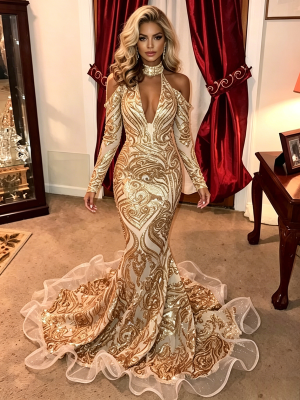 Gold Mermaid Sequins Long Sleeve Halter Prom Dress