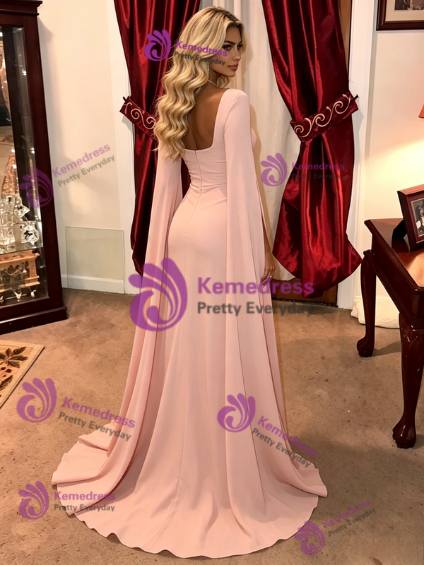 Pink Square Neck Split Prom Dress