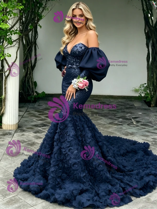Navy Blue Mermaid Sequins Long Sleeve Prom Dress