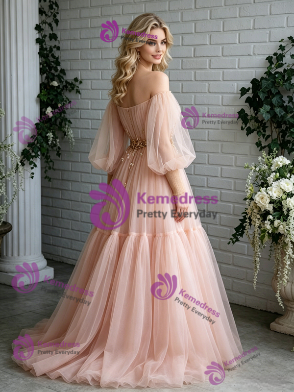Pink Tulle Puff Sleeve Pleats Beading Prom Dress