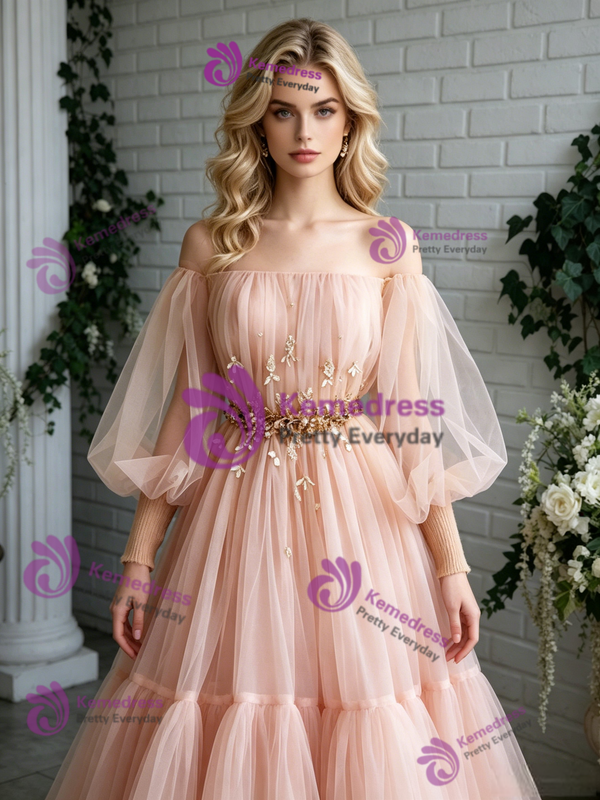Pink Tulle Puff Sleeve Pleats Beading Prom Dress