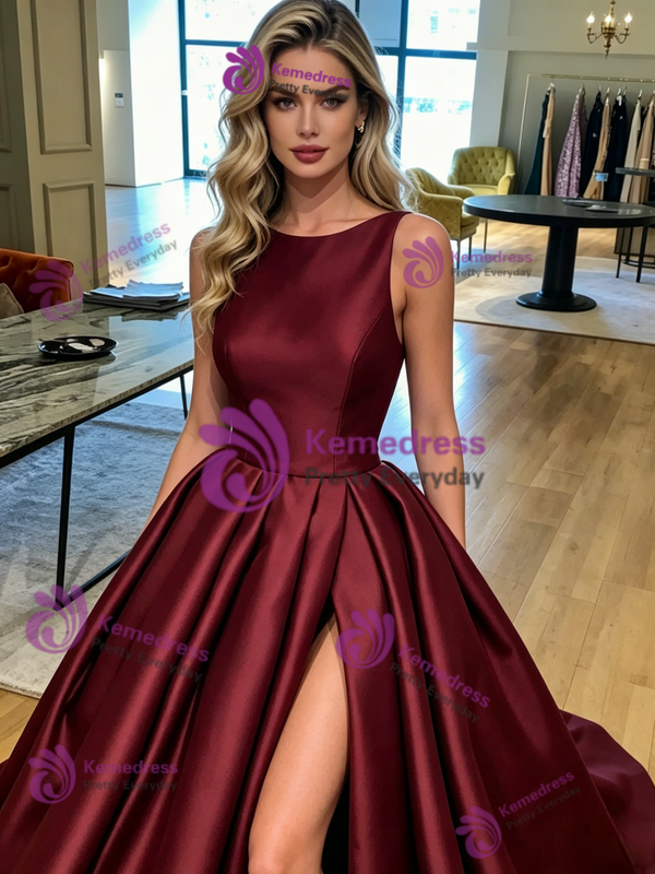 Burgundy Satin Split Prom Dress