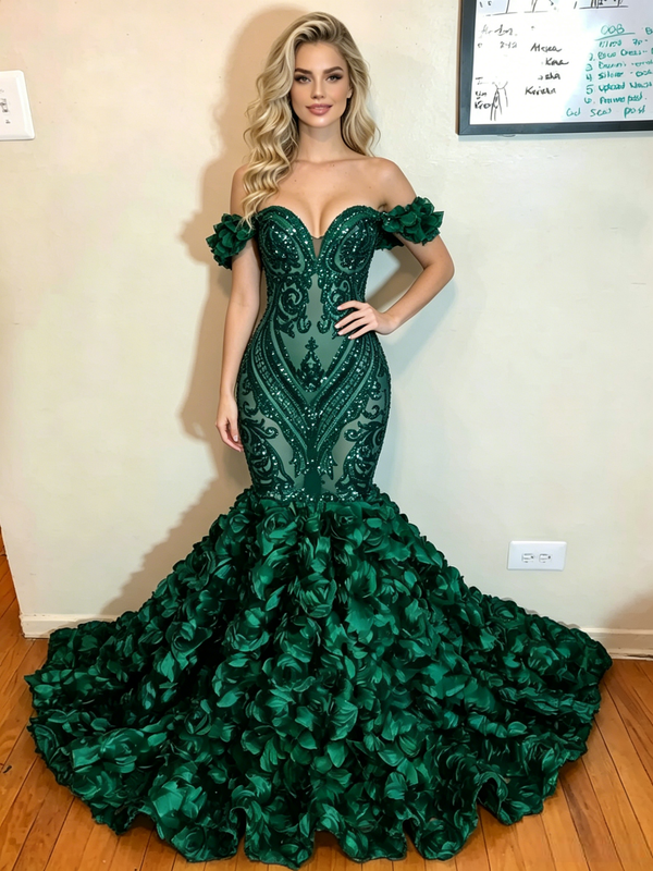 Green Mermaid Sequins Off the Shoulder Prom Dress