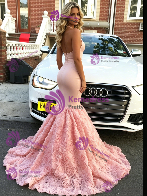 Pink Mermaid V-neck Prom Dress
