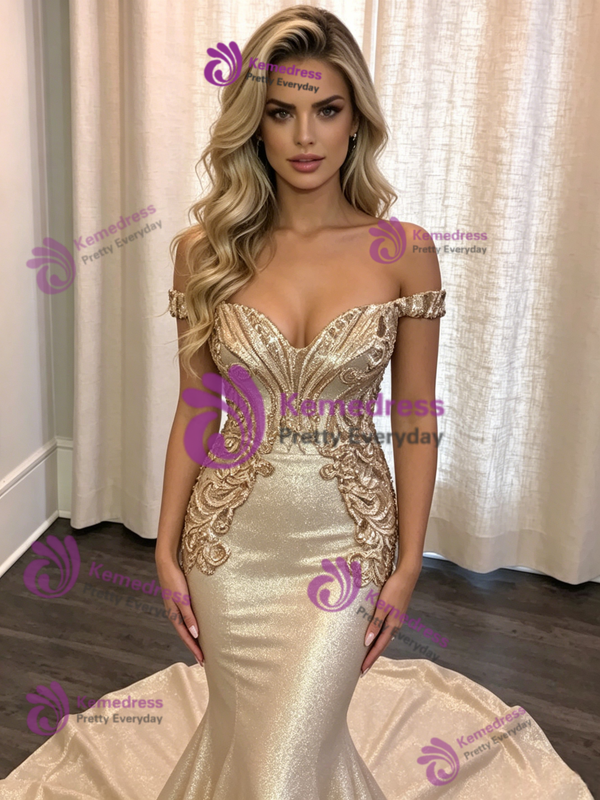 Gold Mermaid Off the Shoulder Appliques Prom Dress