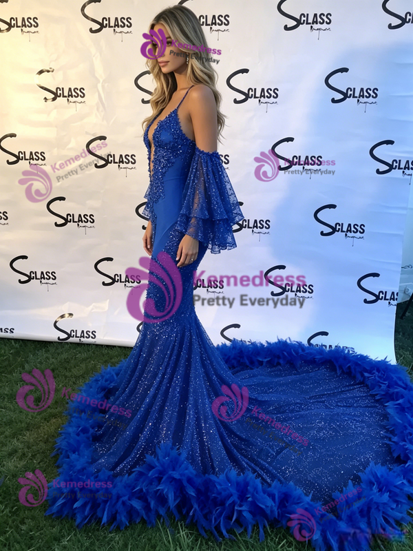 Royal Blue Mermaid Short Sleeve Prom Dress