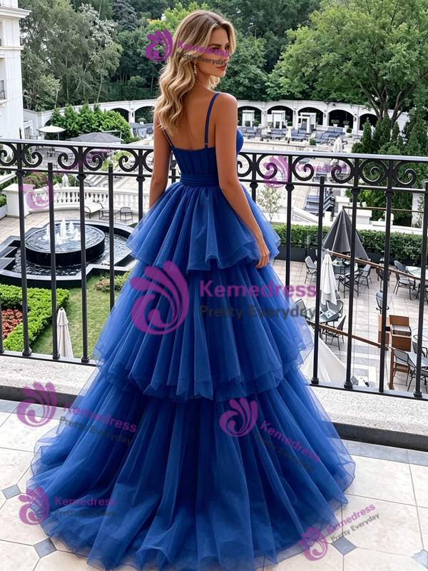Blue Tulle Spaghetti Straps Prom Dress