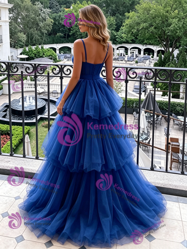 Blue Tulle Spaghetti Straps Prom Dress