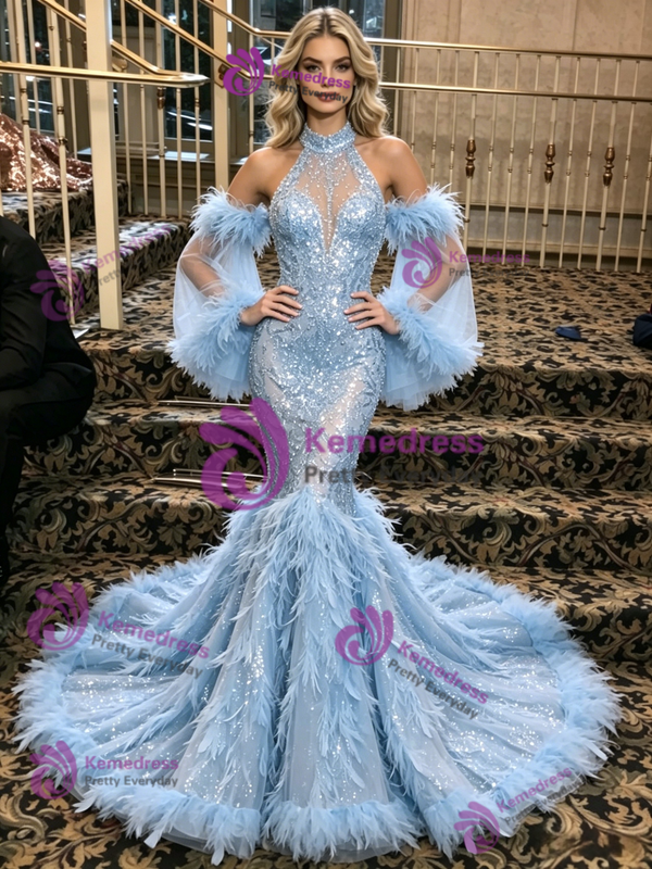 Blue Mermaid Sequins Long Sleeve Prom Dress