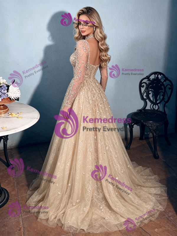 Champagne Tulle Long Sleeve Prom Dress