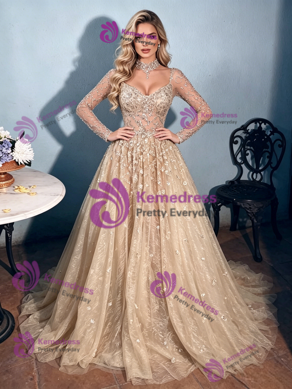 Champagne Tulle Long Sleeve Prom Dress