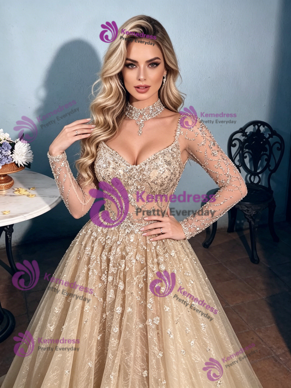 Champagne Tulle Long Sleeve Prom Dress