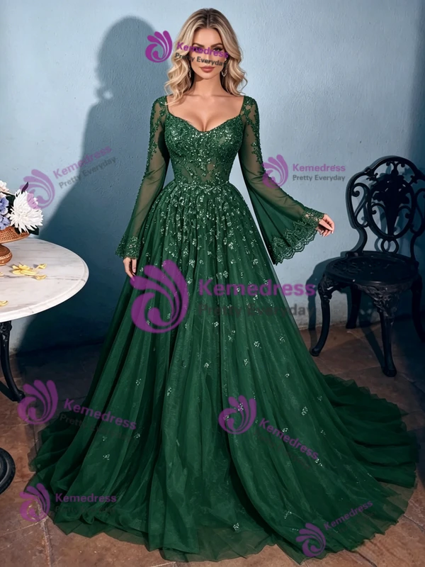 Green Tulle Sequins Long Sleeve Prom Dress