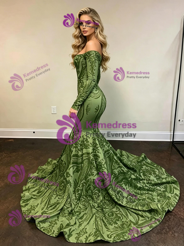 Green Mermaid Sequins Long Sleeve Prom Dress