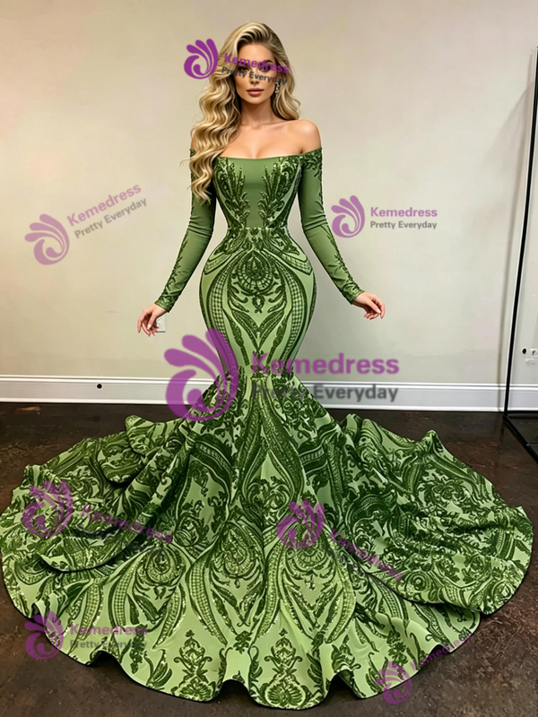 Green Mermaid Sequins Long Sleeve Prom Dress