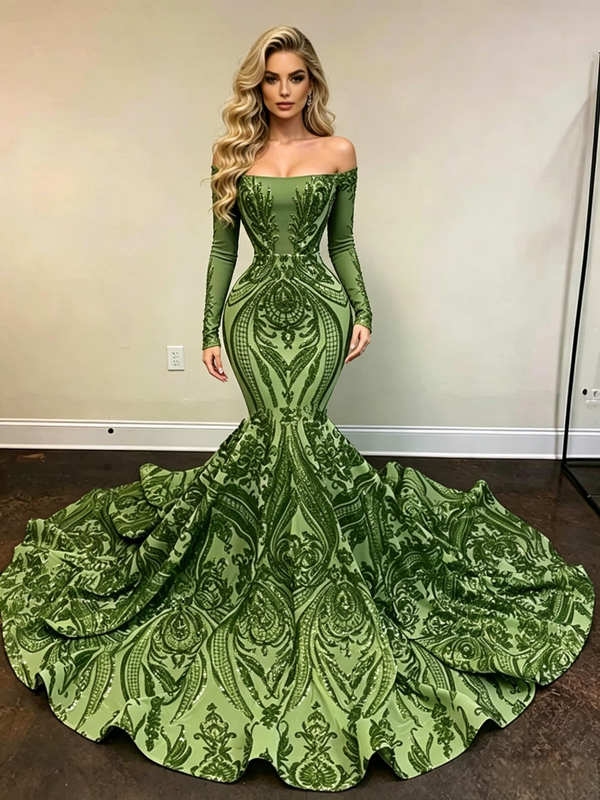 Green Mermaid Sequins Long Sleeve Prom Dress