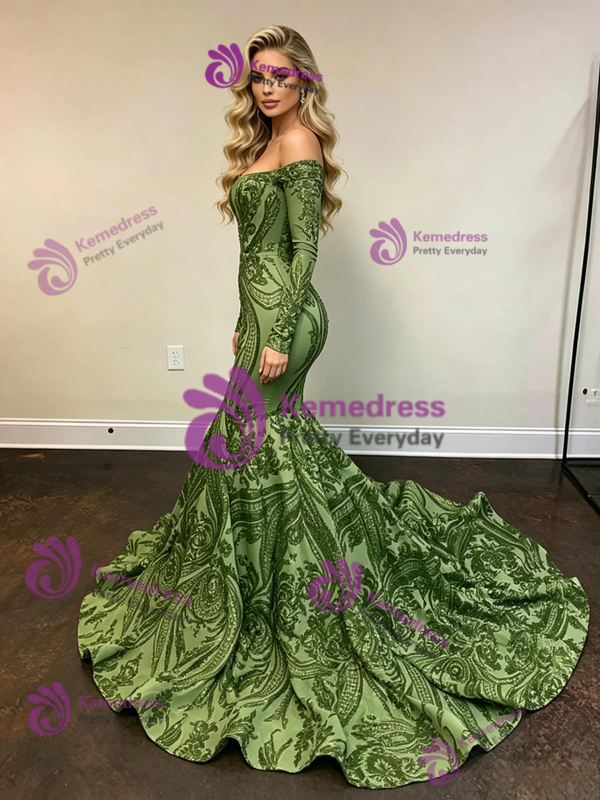 Green Mermaid Sequins Long Sleeve Prom Dress