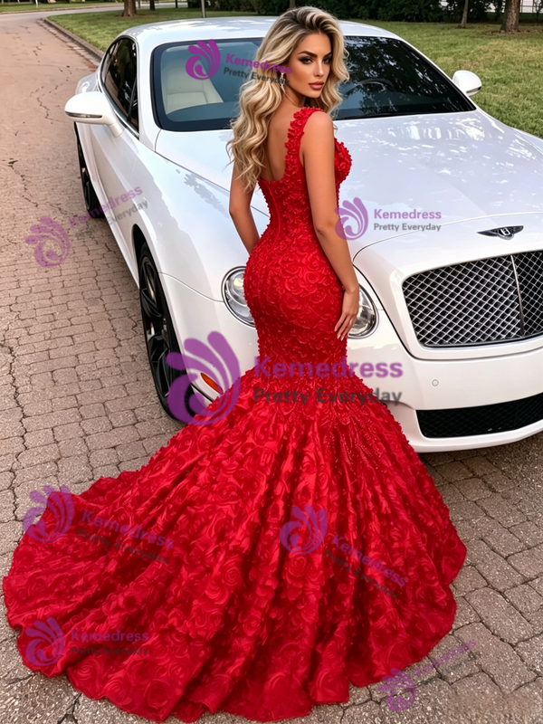 Red Mermaid Sequins Straps Prom Dress